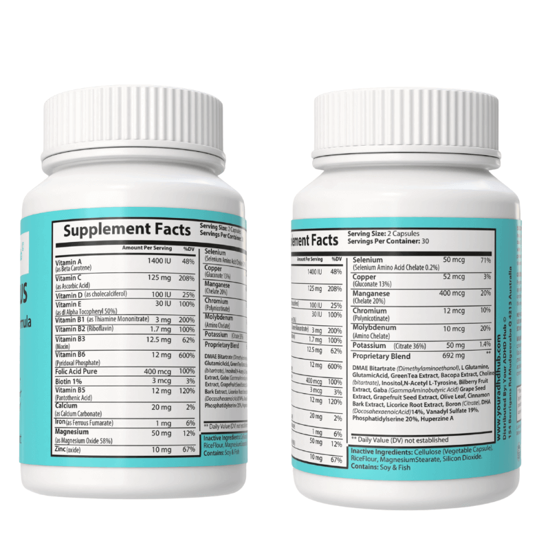 Nootropic for adult ADHD: Focus Plus Brain Formula supplement facts bottle label with ingredients and nutritional information.