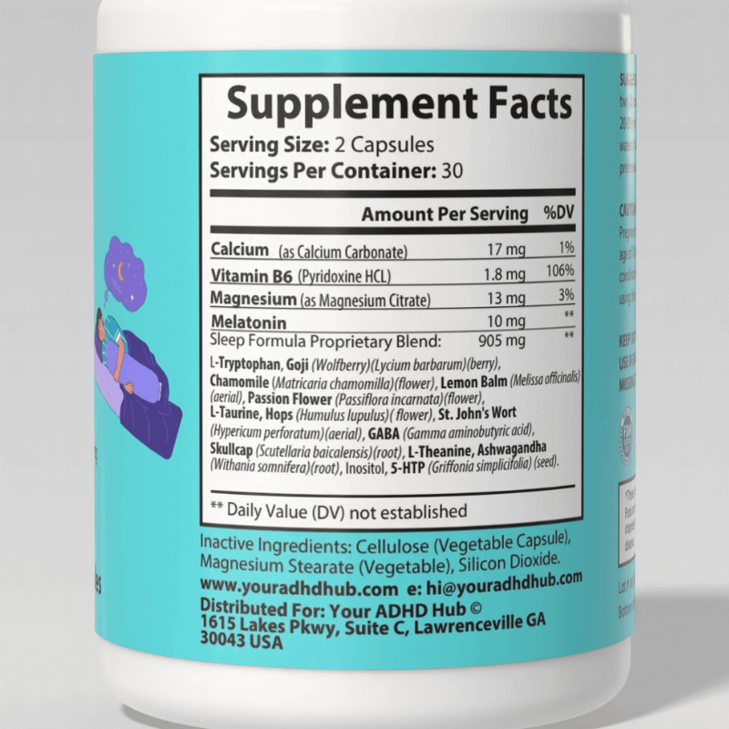 Supplement facts for melatonin for adult adhd sleep supplement, highlighting key ingredients and serving information.