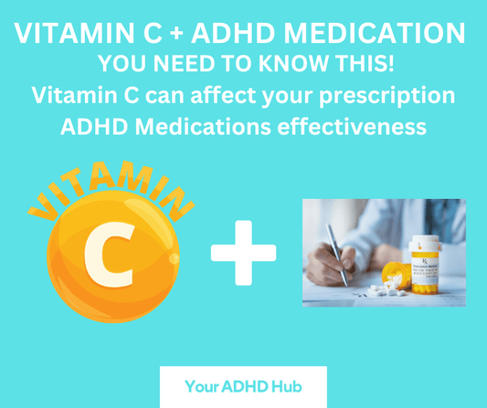 How Vitamin C Might Affect Your ADHD Medication with Vitamin C icon and ADHD medication image.